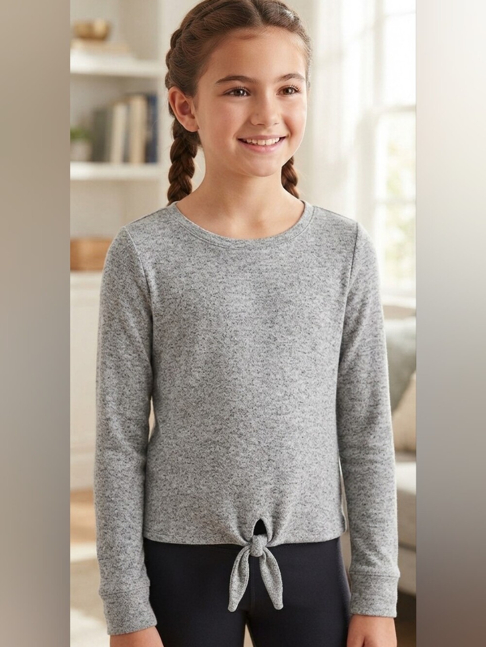 Yogalicious Girls Long Sleeve Tie-Front Top – Heather Gray – Size Large